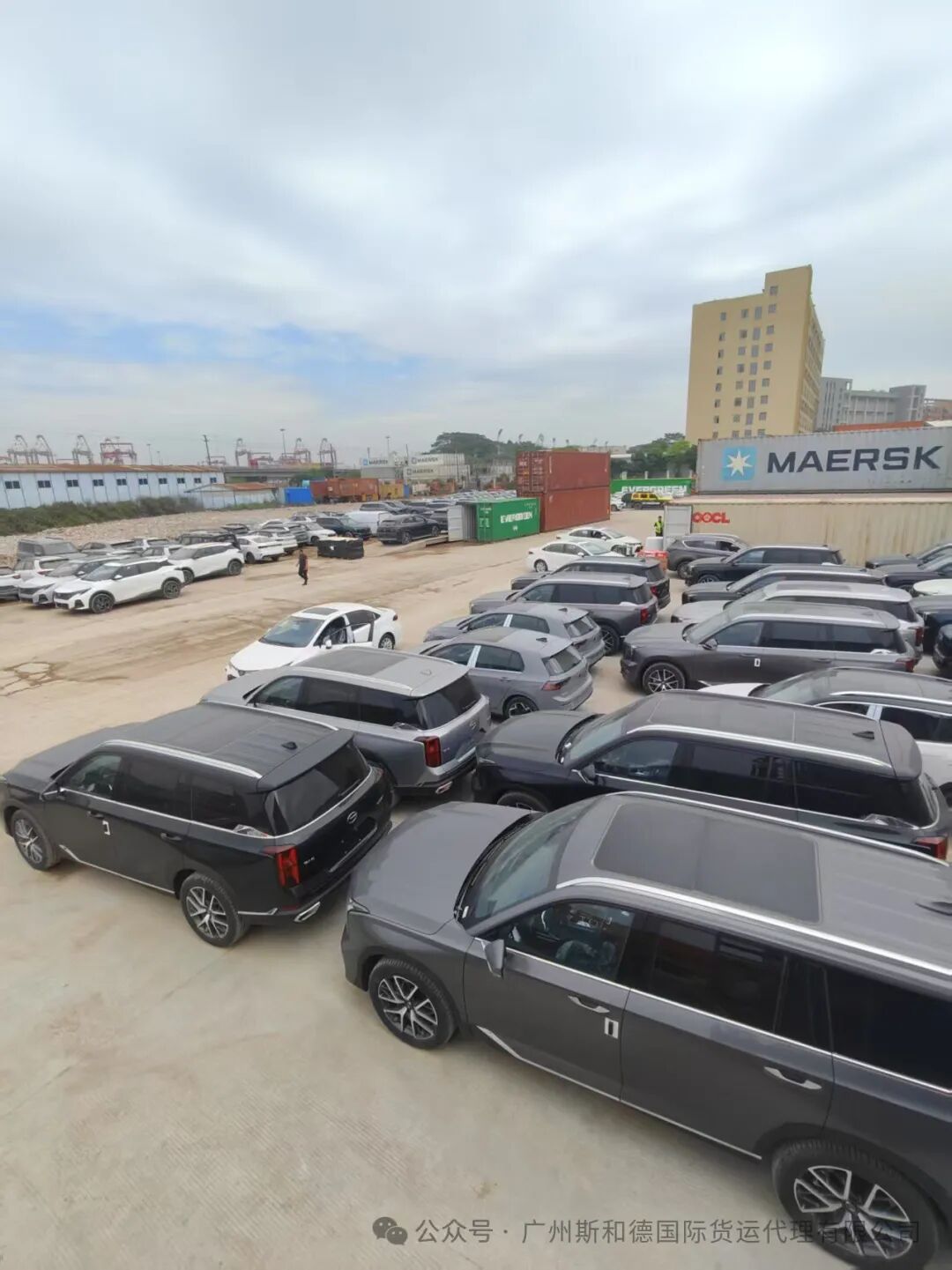 A large fleet of vehicles staged at the port awaiting container car shipping export